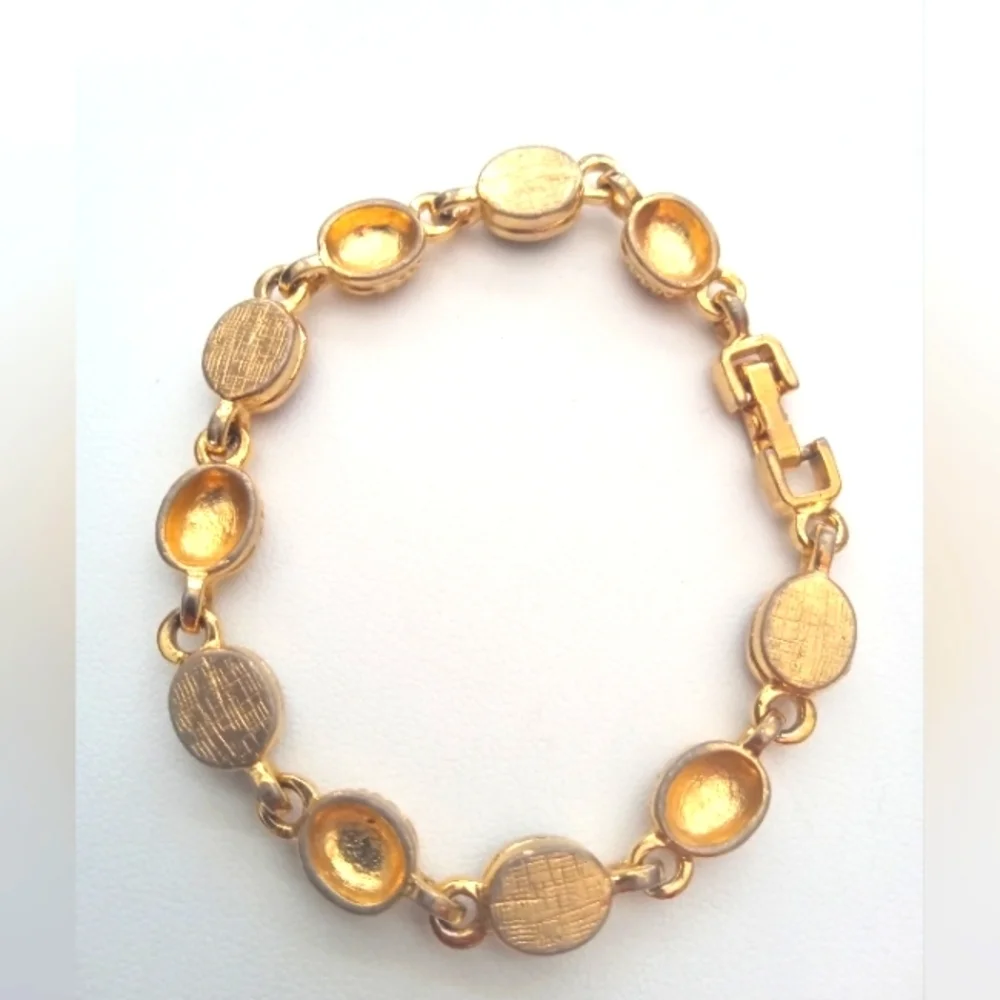 Multi Color Gemstone/Crystal Link Tennis Bracelet Textured Gold Tone Beads 1980s - Picture 5 of 5